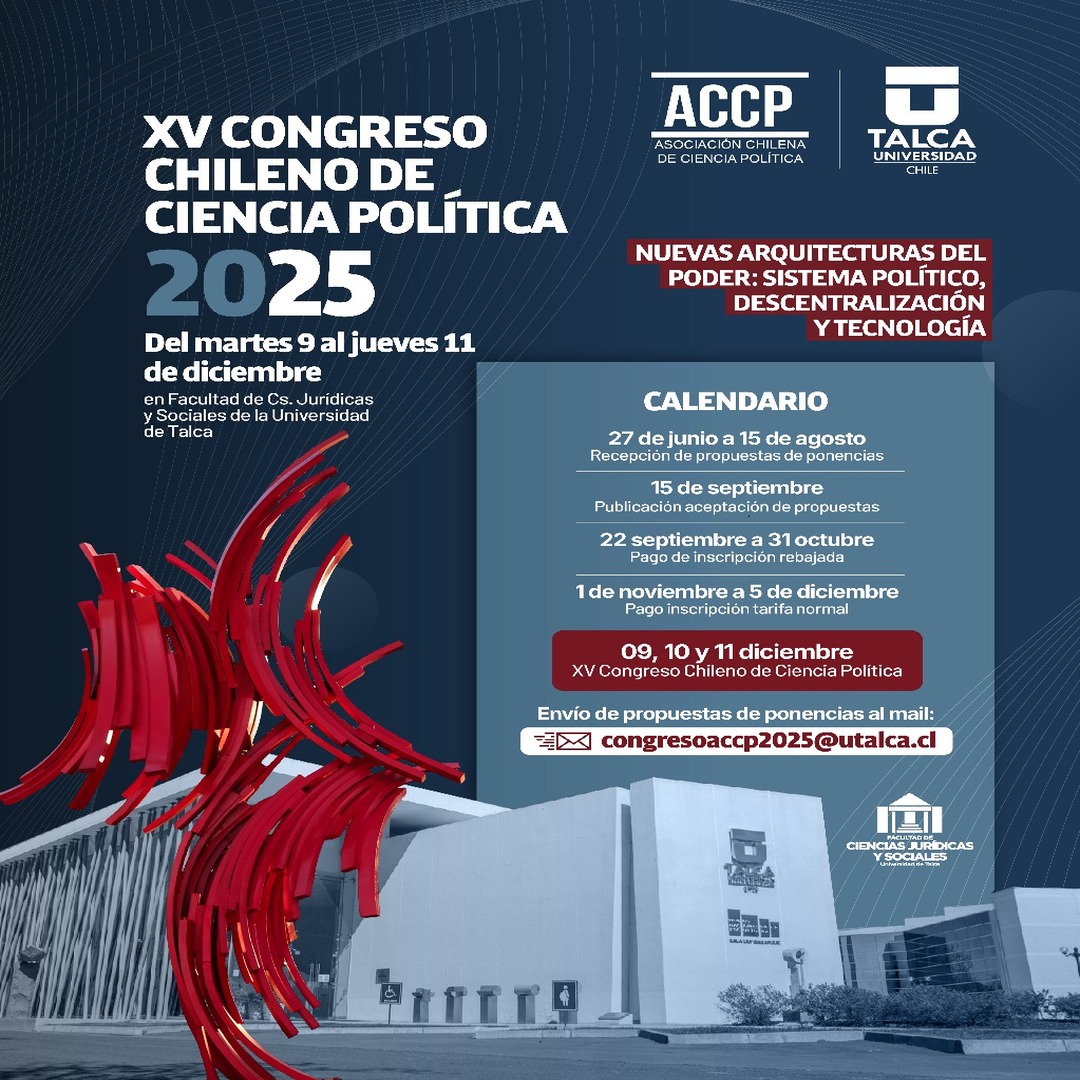 ALACIP (@alacip_oficial) on Twitter photo Del 9 al 11 de diciembre se realizará el XV Congreso Chileno de Ciencia Política, “Nuevas arquitecturas del poder: sistema político, descentralización y tecnología”, en la Facultad de Ciencias Jurídicas y Sociales de la Universidad de Talca.
+Info: alacip.org/?p=49602 Del 9 al 11 de diciembre se realizará el XV Congreso Chileno de Ciencia Política, “Nuevas arquitecturas del poder: sistema político, descentralización y tecnología”, en la Facultad de Ciencias Jurídicas y Sociales de la Universidad de Talca.
+Info: alacip.org/?p=49602
