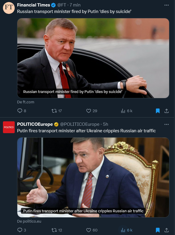 🇷🇺Seulement 5 heures séparent ces deux informations.

Le ministre des transports viré par Poutine ce matin même a été retrouvé mort, il se serait suicidé par arme à feu dans sa voiture.

La Russie prétend gagner la guerre et pourtant il y a un sacré taux de suicide au sein de ses