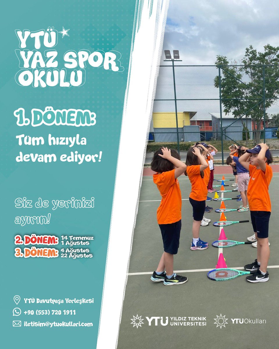 🎽 YTÜ Yaz Spor Okulu tüm hızıyla devam ediyor!

Davutpaşa Kampüsümüzde 6–12 yaş arası çocuklar için eğitim, eğlence ve spor bir arada! 🏀🏊‍♂️🤸‍♀️

🎯 Tenis, yüzme, basketbol, jimnastik ve çok daha fazlası... Alanında uzman eğitmenler eşliğinde çocuklarımızın fiziksel, sosyal ve