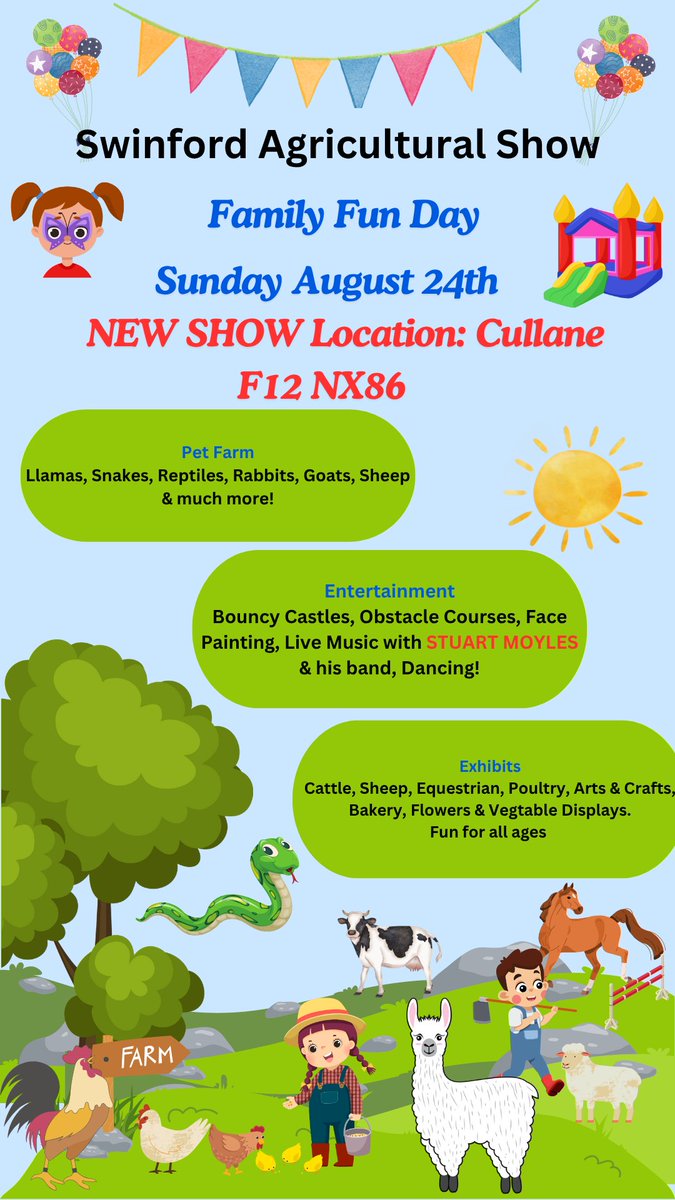 Swinford_Show's tweet image. Swinford Show Entertainment for all the family! We will have a pet farm on site with Lima's, snakes, reptiles, rabbits, goats. sheep & lots more. Entertainment for the day includes bouncy castles, obsticale courses, LIVE Music with Stuart Moyles & his band #Swinford #AgriShow