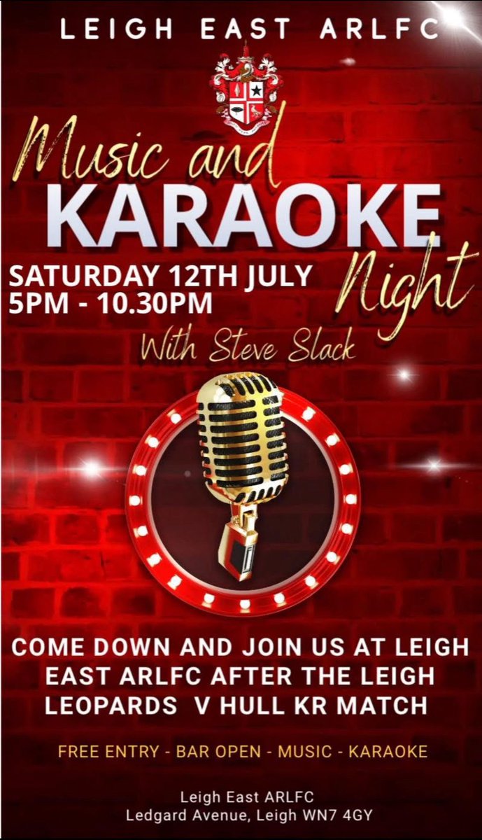DONT FORGET THIS SATURDAY

🎤 Saturday 12th July 🎤 

Come along and join us after the Leigh Leopards v Hull KR match for music and karaoke with Steve Slack from around 5pm

Free entry 🆓 
Bar Open 🍻
Music 🎶 
karaoke 🎤

PLEASE SHARE