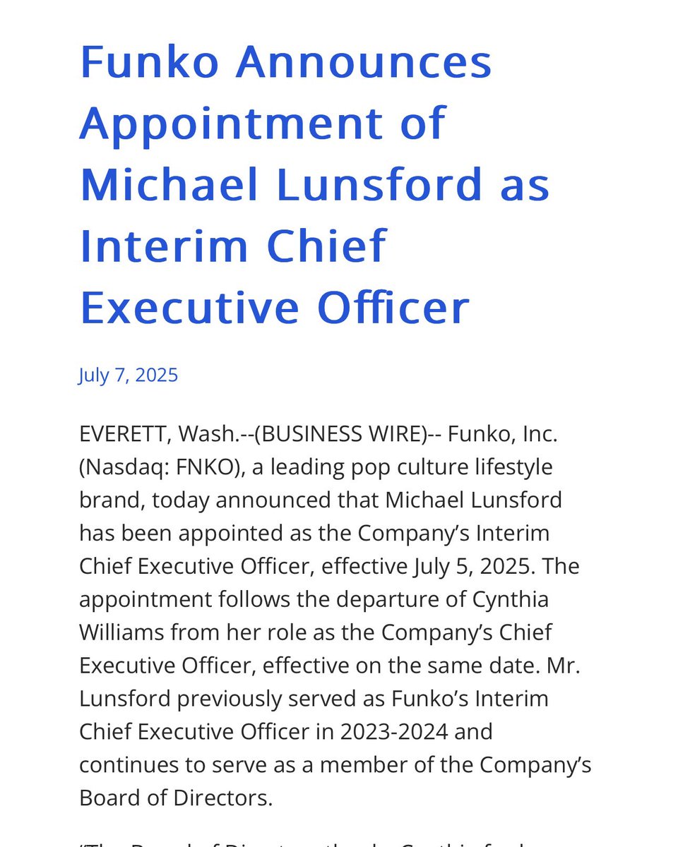 DisplayGeek's tweet image. Funko announces appointment of Michael Lunsford as Interim Chief Executive Officer effective today, July 7, 2025 📰

#Funko #FunkoPops #FunkoNews