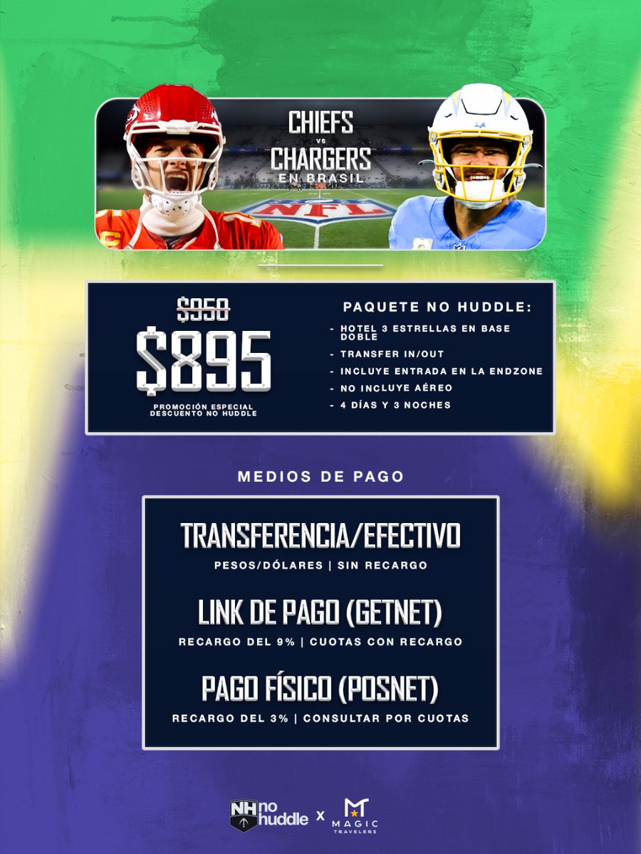 nflnohuddle's tweet image. Armá las valijas y viajá a ver la NFL a Brasil con No Huddle y Magic Travelers 🛫🇧🇷🏈
Contactanos y enterate todos los medios de pago que podés usar. 📲📥
¿Ya te aseguraste tu lugar? ¡Apurate que se agotan! 🔥