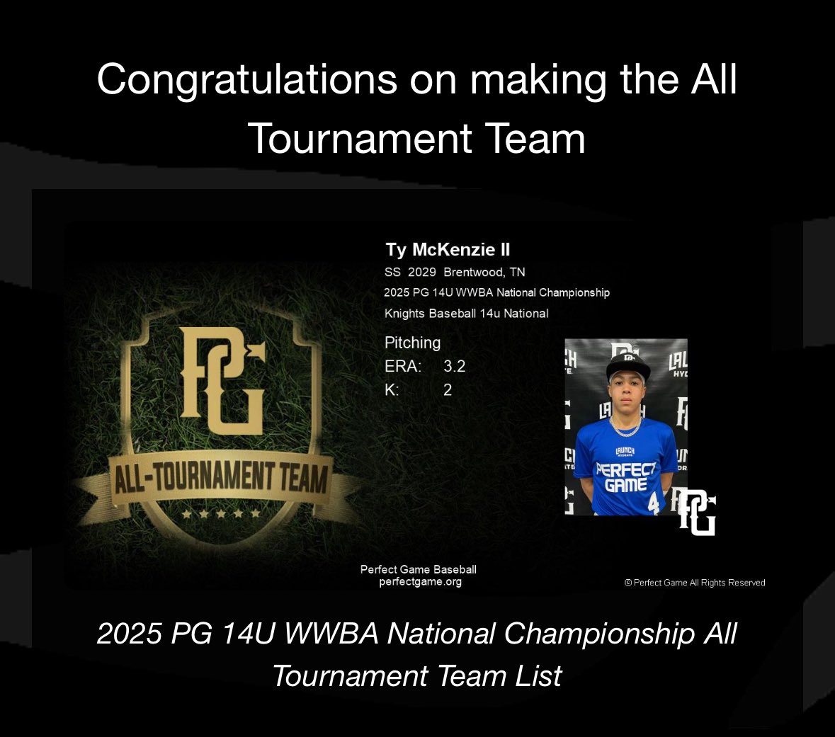 3 for 3 in earning <a href="/PerfectGameUSA/">Perfect Game USA</a> all tournament teams this summer. <a href="/LAMustangBB/">Lipscomb Academy Baseball</a> <a href="/pbtscouting/">Prep Baseball Scouting</a> <a href="/PGYouthBB/">Perfect Game Youth</a> <a href="/PrepBaseballTN/">Prep Baseball Tennessee</a> <a href="/PG_Tennessee/">Perfect Game Tennessee</a> <a href="/KNIGHTS_BASEBTN/">KNIGHTS BASEBALL</a>