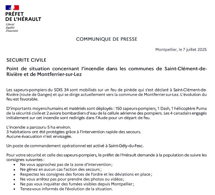 Prefet34's tweet photo. 🚨🚒#incendie - Point de situation concernant l’incendie dans les communes de Saint-Clément-de-Rivière et de Montferrier-sur-Lez
Communiqué de presse ci-dessous⤵️ https://t.co/yPfVFjPiyb
