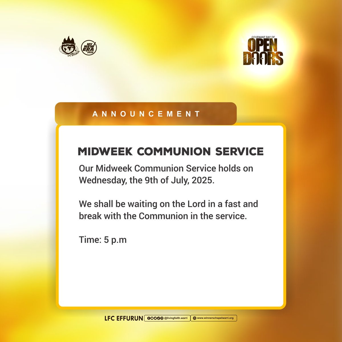LivingWarri's tweet photo. Announcement...
.
.
.
.
.
.
.
.
#CovenantDayOfOpenDoors
#OpenDoorsService
#SundayService
#MyNewEra2025
#LivingFaithChurchEffurun https://t.co/CKtIdBH77c