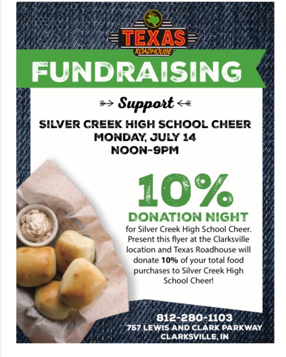 Who loves Texas Roadhouse 🙋‍♀️🙋‍♂️

Plan your next dinner and help give 10% of your sales back to the Silver Creek HS Cheerleaders! Simply eat on Monday, July 14 and present this coupon for support to our program! 

Spread the word, and let’s show out for SCC!