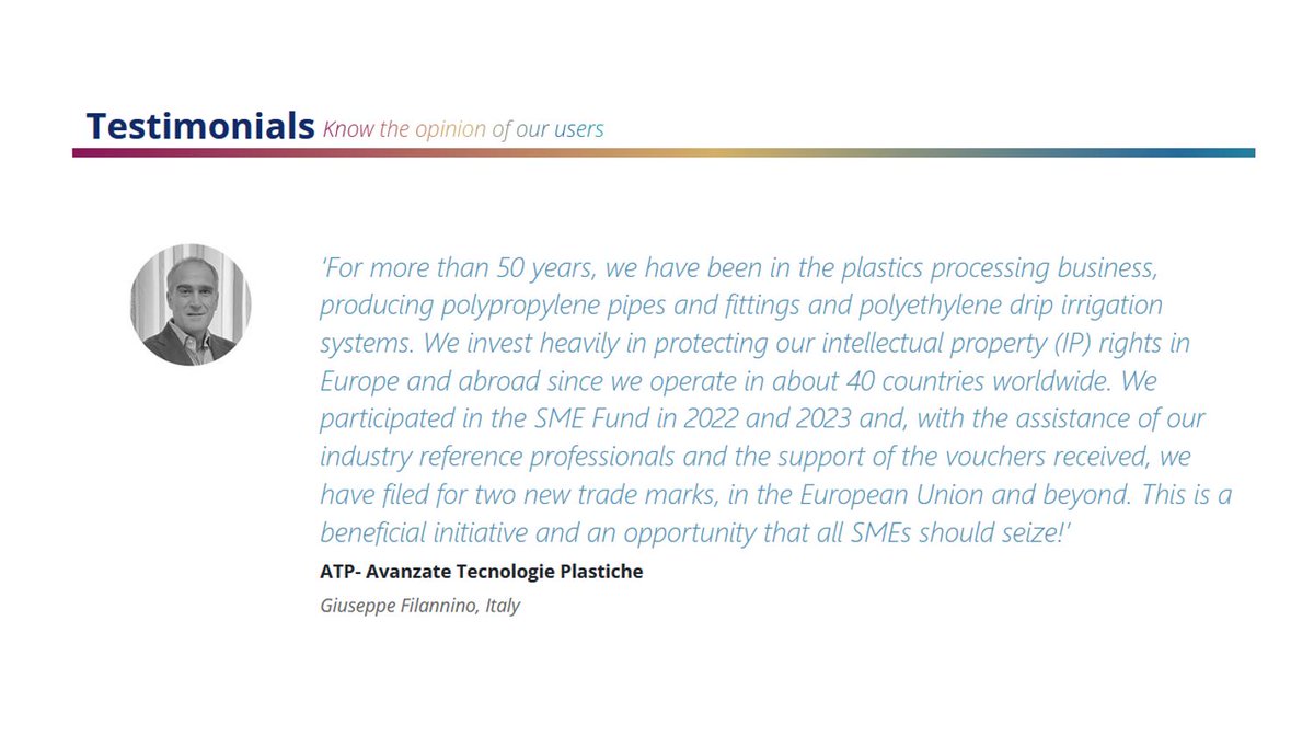 💬 “We’ve filed two new trade marks in the EU and beyond — thanks to the SME Fund!”
— ATP, Italy

With IP support, they’ve grown across 40+ countries. You can too.

👉 business.ideaspowered.eu/testimonial/at…

#SMEFund #IPforSMEs #EUIPO #IdeasPowered