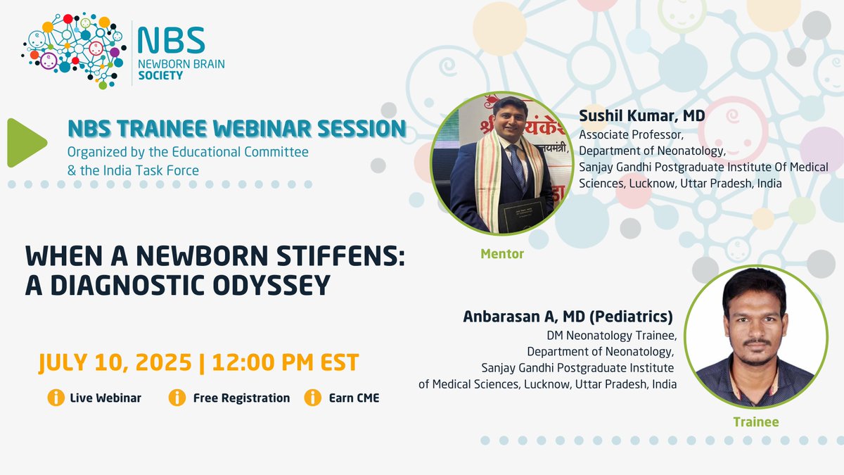 NewbornBrains's tweet image. Join us for this week's Trainee Educational Webinar session with guest speakers, Sushil Kumar and Anbarasan A, on Thursday (7/10) at 12pm EST: "When a Newborn Stiffens: A Diagnostic Odyssey"
Objectives:
1. Case presentation of a neonate with hypertonia.
2. To outline a stepwise…