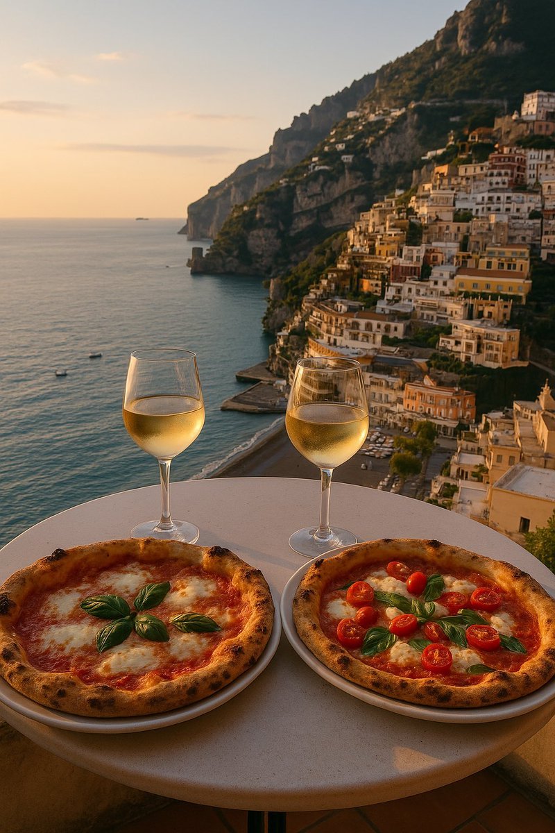 manifestando pizza con vistas al mar en Italia