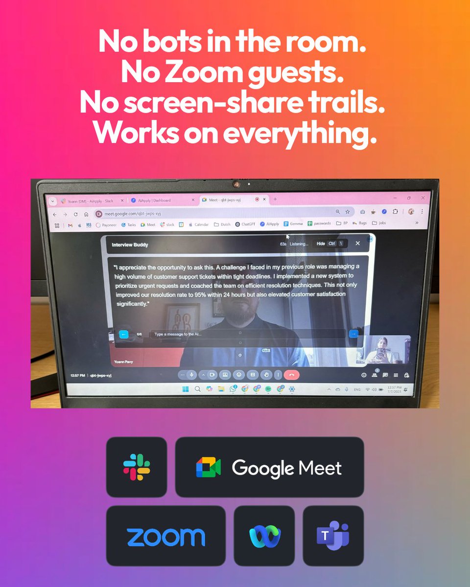 aiapplyco's tweet image. 🚀 Big news: Interview Buddy is now available on macOS and Windows!
A stealth AI interview copilot that helps you ace every interview with total confidence. Here’s why you’ll want it 👇