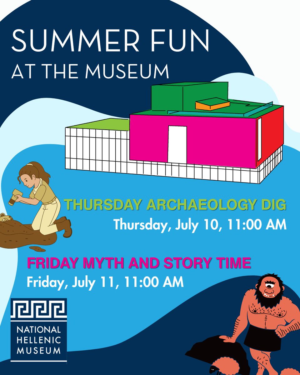 HellenicMuseum's tweet photo. 🔍 Thu Jul 10, 11 AM @NatHellenic – kids 4-12 dig replica artifacts &amp; learn archaeology!

📚 Fri Jul 11, 11 AM – myth time: Odysseus’ trials + take-home craft.

Free w/ adult. RSVP: Thu https://t.co/5MsJloVfBO | Fri https://t.co/9KuLTMTKGv
#SummerFun #ChicagoKids #GreekMyths https://t.co/Ag4ZKn1gmD
