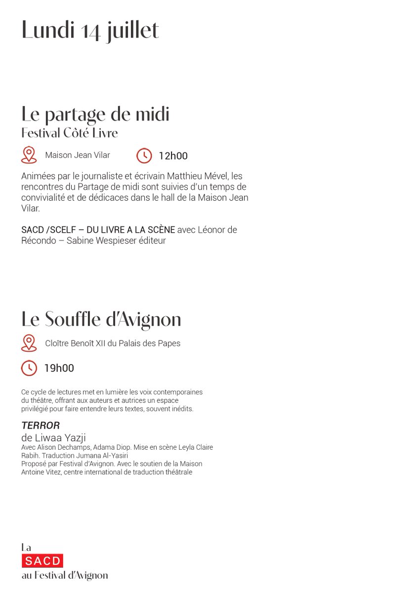 SACDParis's tweet image. #avignon
A ne pas manquer demain lundi, une rencontre avec l'autrice 𝐋𝐞́𝐨𝐧𝐨𝐫 𝐝𝐞 𝐑𝐞́𝐜𝐨𝐧𝐝𝐨 dans le cadre du Partage de midi à la @MaisonVilar.
⬇️⬇️ Le programme complet ⬇️⬇️