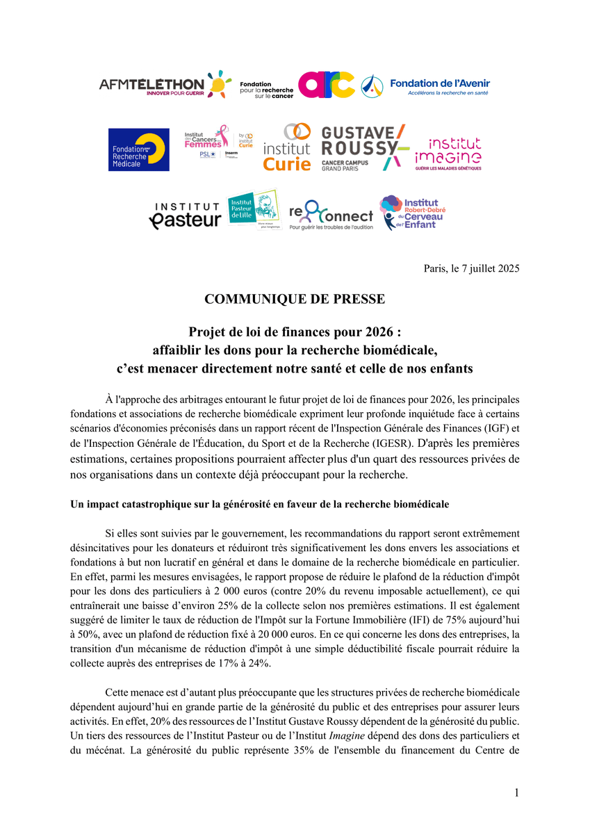 Telethon_France's tweet image. 🚨 PLF : Les préconisations de l’IGF/IGESR menacent directement notre santé et celle de nos enfants !
📣 Les principales fondations et associations de recherche biomédicale expriment leur profonde inquiétude
Notre communiqué : bit.ly/44u3aSR