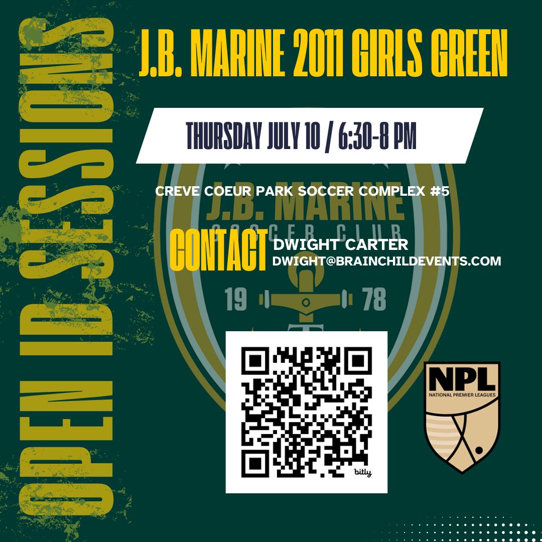 J.B. Marine SC (@jbmarinesc) on Twitter photo 🔥NEW ID SESSION: 2011 GIRLS GREEN⚽
J.B. Marine 2011 Girls Green will hold ID sessions on Thursday July 10 from 6:30-8PM at Creve Coeur Soccer Park #5. Contact Dwight Carter at dwight@brianchildevents.com for more info. Visit jbmarinesc.com/kickarounds-tr… to register 🔥NEW ID SESSION: 2011 GIRLS GREEN⚽
J.B. Marine 2011 Girls Green will hold ID sessions on Thursday July 10 from 6:30-8PM at Creve Coeur Soccer Park #5. Contact Dwight Carter at dwight@brianchildevents.com for more info. Visit jbmarinesc.com/kickarounds-tr… to register