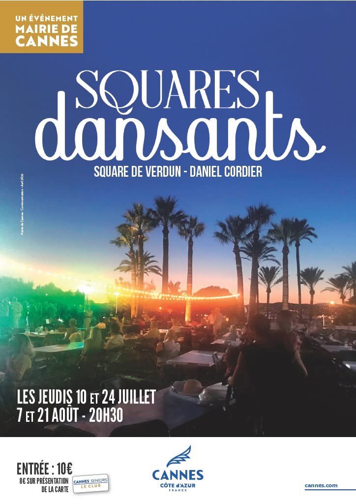 💃 Squares dansants à Cannes : c’est parti !
Dès le 10 juillet, retrouvez-nous au square de Verdun (face à Bijou Plage) pour 4 soirées festives à 20h30 !
🗓️ 10 &amp; 24 juillet · 7 &amp; 21 août
🎶 Rock, tango, chacha, valse…
🎟️ 10 € / 8 € adh. Cannes Seniors Le Club