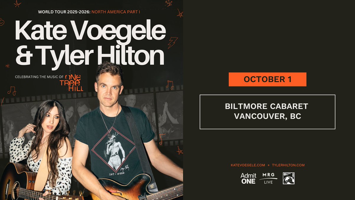 <a href="/TylerHilton/">Tyler Hilton</a> and <a href="/katevoegele/">katevoegele</a> are coming to Vancouver this fall for a special show in celebrating the iconic music of 'One Tree Hill' 🏀 🎶

Enter below for a chance to win a pair of tickets!

🔗: bit.ly/45Xap8o
Presale | 7/8 at 10AM, code: MRGLIVE
On Sale | 7/9 at 10AM