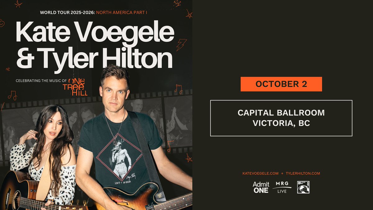 <a href="/TylerHilton/">Tyler Hilton</a> and <a href="/katevoegele/">katevoegele</a> are coming to Victoria this fall for a special show in celebrating the iconic music of 'One Tree Hill' 🏀 🎶

Enter below for a chance to win a pair of tickets!

🔗: bit.ly/45Xap8o
Presale | 7/8 at 10AM, code: MRGLIVE
On Sale | 7/9 at 10AM