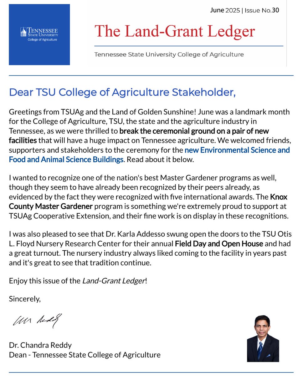 TSUCollegeofAG's tweet image. The latest issue of the Land-Grant Ledger is now available, featuring coverage of the ceremonial groundbreaking for our new buildings, which will enhance our capabilities in agricultural innovation and environmental stewardship. #AgriculturalEducation
conta.cc/4nxqOqc
