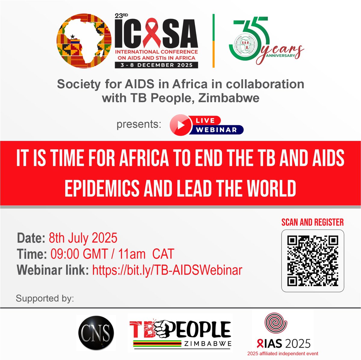 CNS (@cns_health) on Twitter photo ๐ข Join us on 8 July! #IAS2025 @IASociety Affiliated Ind. Event on #ItIsTimeForAfrica to #endTB, #endAIDS & #LeadTheWorld
๐Register bit.ly/TB-AIDSWebinar
Speakers: <a href="/kutadza_tariro/">Tariro Kutadza</a>, <a href="/t_abdullaev/">Timur Abdullaev</a>, <a href="/EvalineKibuchi/">Evaline Kibuchi</a> & others
Org. by @ICASA2025, <a href="/Saafricango/">Society for AIDS in Africa(SAA), Secretariat</a>, TB People (Zim), CNS ๐ข Join us on 8 July! #IAS2025 @IASociety Affiliated Ind. Event on #ItIsTimeForAfrica to #endTB, #endAIDS & #LeadTheWorld
๐Register bit.ly/TB-AIDSWebinar
Speakers: <a href="/kutadza_tariro/">Tariro Kutadza</a>, <a href="/t_abdullaev/">Timur Abdullaev</a>, <a href="/EvalineKibuchi/">Evaline Kibuchi</a> & others
Org. by @ICASA2025, <a href="/Saafricango/">Society for AIDS in Africa(SAA), Secretariat</a>, TB People (Zim), CNS