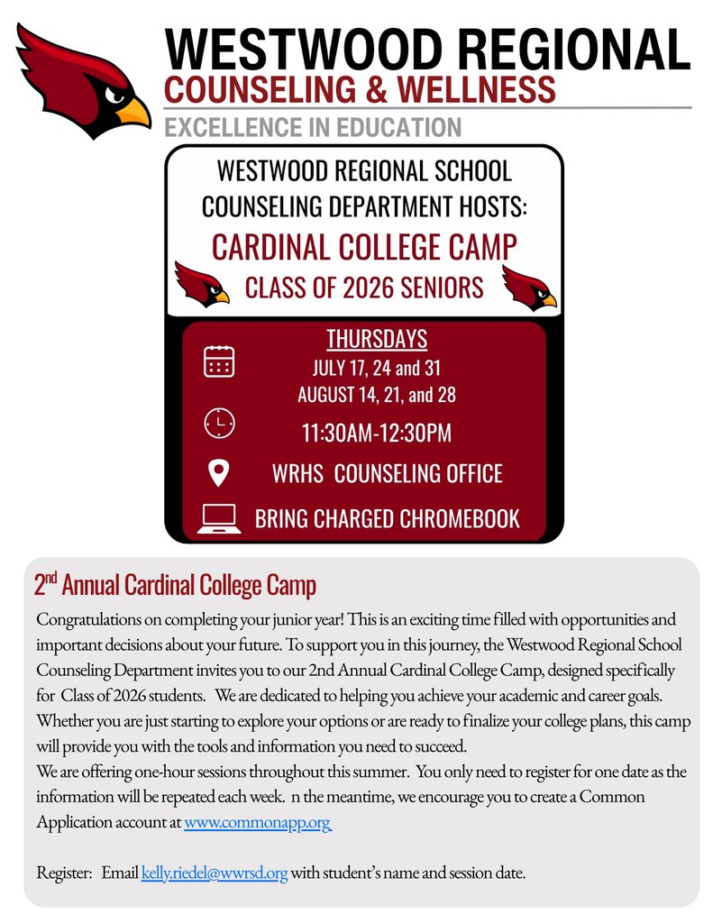 WestwoodRegHS's tweet photo. Class of 2026: 2nd Annual Cardinal College Camp. See flyer for details. Enjoy your summer! https://t.co/xvWAH9nrni