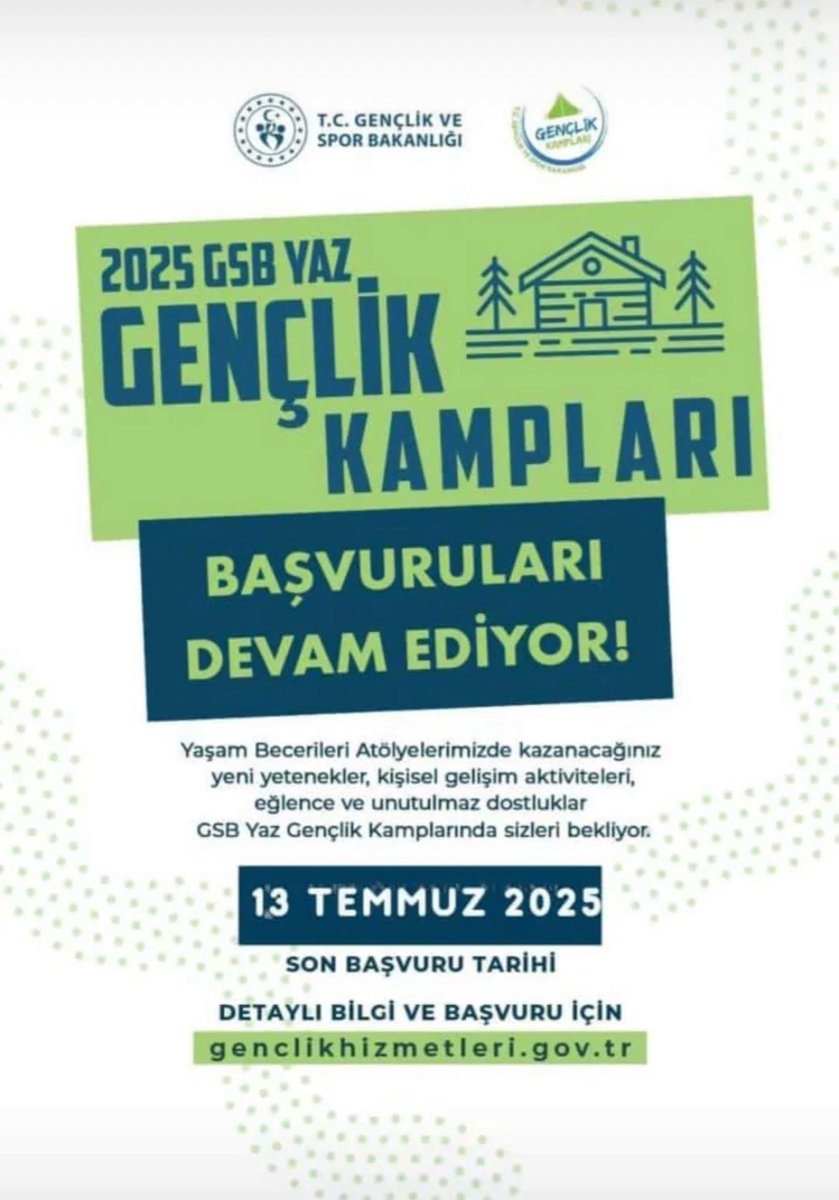 GSB Yaz Gençlik Kampları 

Yeni dostluklar 🤝, unutulmaz anılar 📸 ve eğlence dolu aktivitelerle dolu bir yaz seni bekliyor!
Macera, keşif ve bol kahkaha bu kamplarda! ⛺🎯

Başvuru 👉 genclikhizmetleri.gov.tr