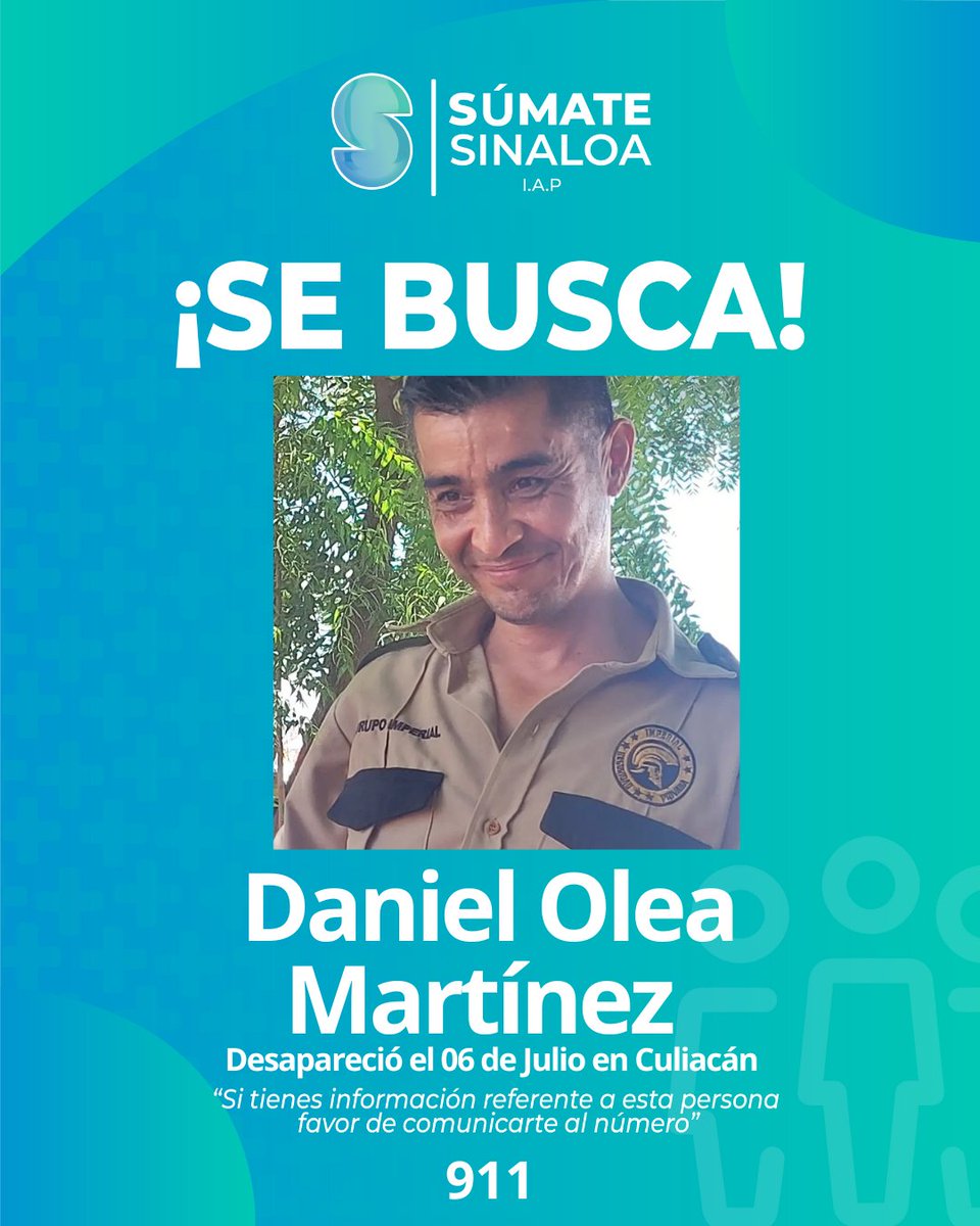 #SeBusca 

Daniel Olea Martinez trabaja en una empresa de seguridad y estaba laborando en el sector 3 Ríos de #Culiacán cuando se le vio por última vez el 6 de julio.

Si tiene información sobre su paradero favor de comunicarse al #911 

Su familia lo espera.

#QueRegrese