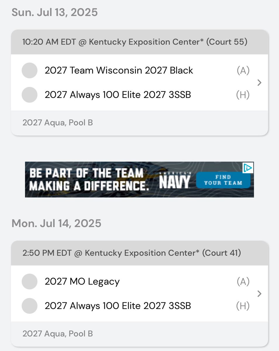 Our <a href="/A1G_24/">Always 100 3SSB 2027</a> Run 4 Roses 🌹 schedule this week (pool play) in top Aqua division. We 🔐’d in! 

Thu, July 10 - 12:15 pm (KYC Court 34)
Fri, July 11 - 9:12 am (KYC Court 16)
Fri afternoon &amp; Sat - Bracket TBD
Sun, July 13 - 10:20 am (KYC Court 55)
Mon, July 14 - 2:50 pm (KYC Court