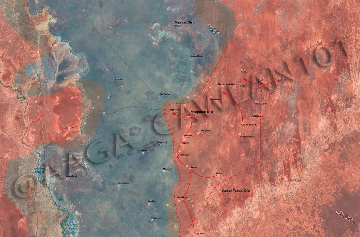 AAGA_CAWLAN101's tweet image. Situation in Eastern Hiiraan: Control Map Update (Moqokori Direction).
Al-Shabaab today seized Moqokori district after 67 days of bloody fighting with local militias in this sector.