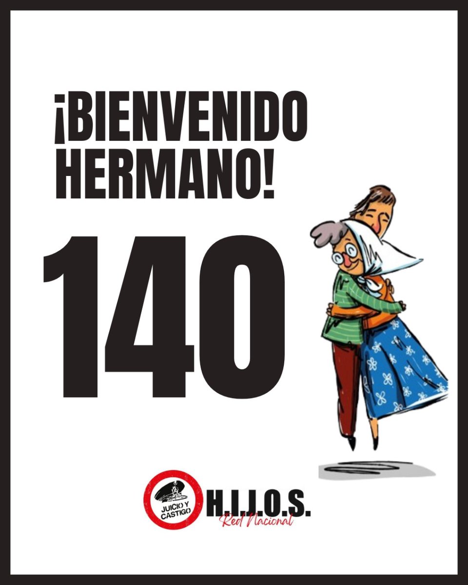 HijosECZ's tweet photo. ¡Bienvenido a la verdad hermano y nieto 140!
Desde la Red Nacional de H.I.J.O.S. expresamos nuestra alegría por el anuncio de las Abuelas de Plaza de Mayo sobre el encuentro del nieto 140, nuestro hermano. https://t.co/Vwr4ET0zny