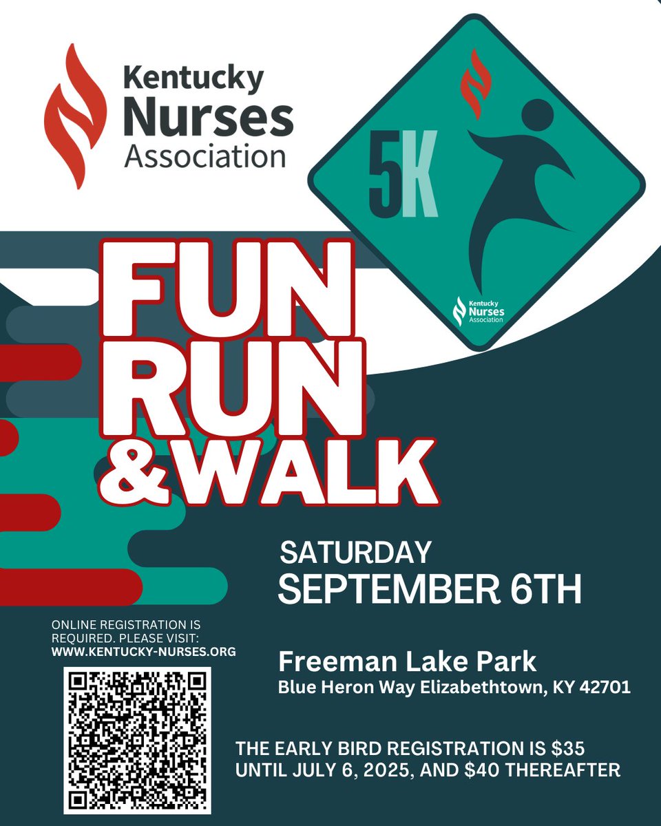 Register Here 👉 tinyurl.com/mryp4345

The Kentucky Nurses Association 2025 5K Fun Run/Walk is a vibrant and purposeful event dedicated to promoting health, wellness, and community engagement. 

The early bird registration is $35 until July 6, 2025, and $40 thereafter.