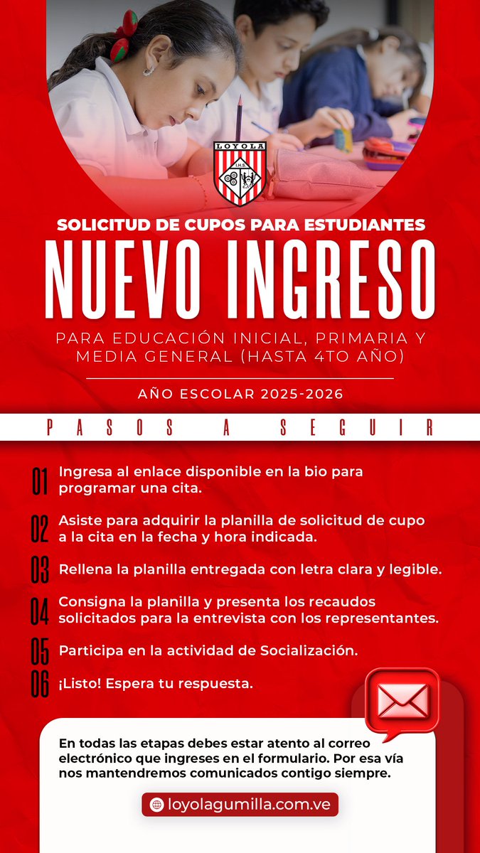Si conocen personas interesadas en solicitar cupos para Educación Inicial, Primaria o Media General (hasta 4to Año) en nuestra institución, entonces, pueden compartirle este tuit ♥🤍🖤

Este proceso se formaliza llenando el siguiente formulario ➡ loyolagumilla.com.ve/se-un-loyola-v…