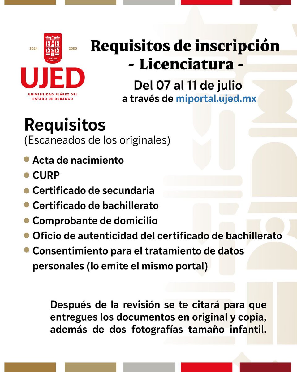 #UJEDInforma Te compartimos los requisitos necesarios para tu inscripción.

#IdentidadUJED