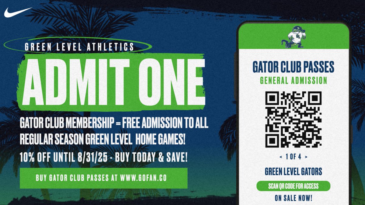 Gator Club Memberships Are ON SALE Now For The 2025-2026 School Year! Memberships Are Discounted 10% For All Purchases Made By 8/31/25 🐊 

Memberships Provide FREE Admission To ALL Green Level Regular Season Home Games 🎟️ 

🔗: gofan.co/event/3668742?…