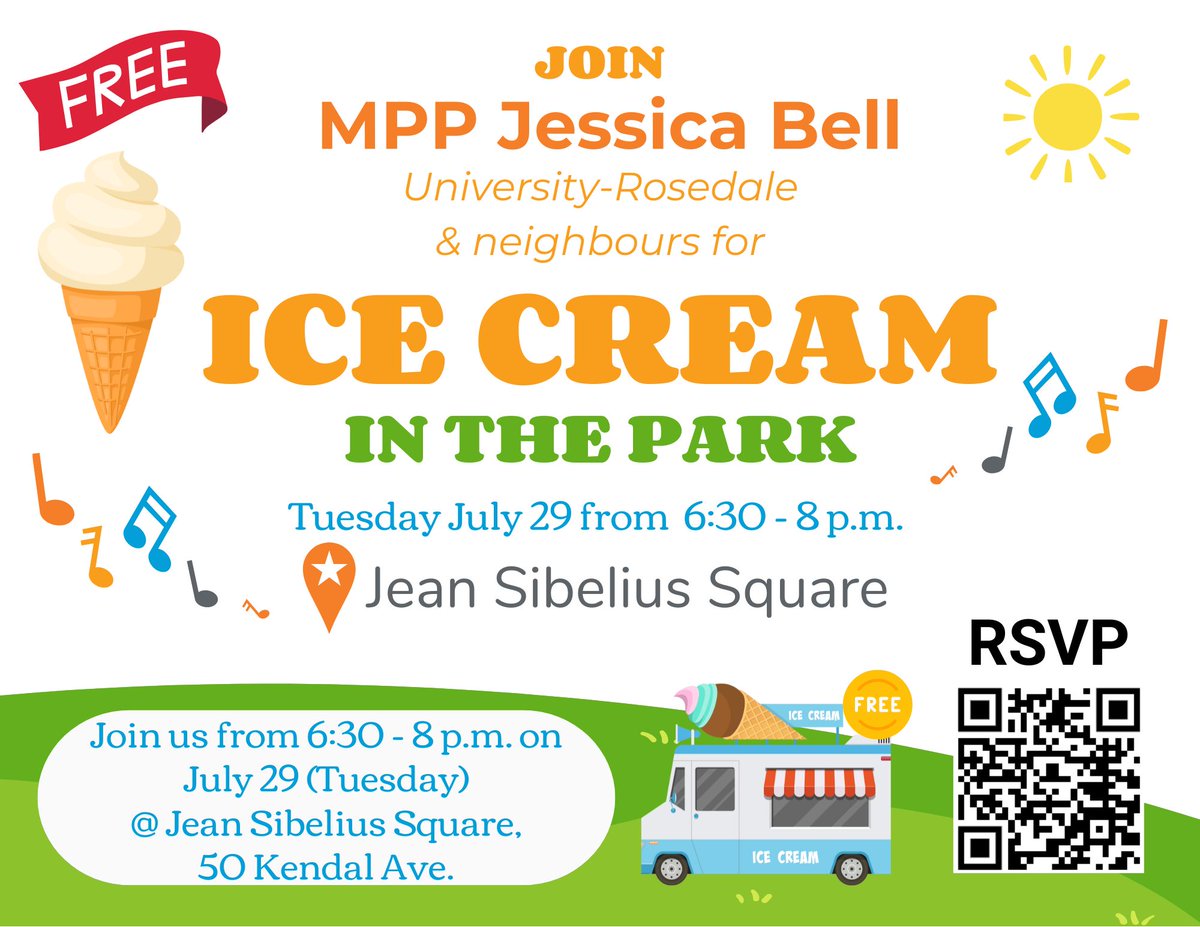 JessicaBellTO's tweet image. Let’s connect and cool off with some free ice cream! Come enjoy a summer evening with us at Jean Sibelius Square (50 Kendal Ave) on Tuesday, July 29 from 6:30–8:00 PM.
It’ll be a great opportunity to come together as neighbours, enjoy the park, and talk about what's on your mind.…