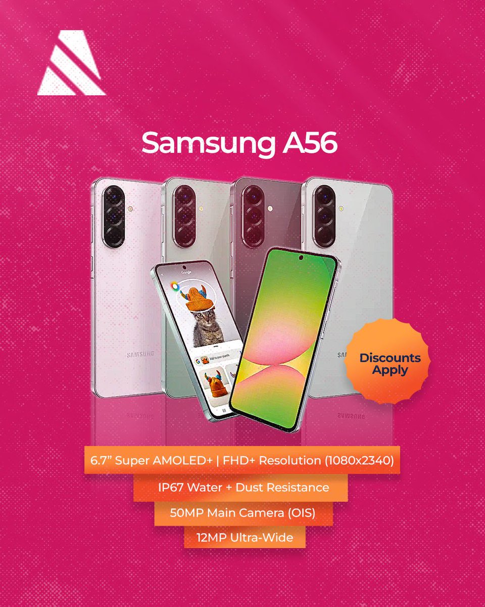 argone_ng's tweet photo. Get your 𝗦𝗮𝗺𝘀𝘂𝗻𝗴 𝗔56 at discounted prices on https://t.co/TLAxObQI1S

𝗦𝗽𝗲𝗰𝗶𝗳𝗶𝗰𝗮𝘁𝗶𝗼𝗻
6.7” Super AMOLED+
FHD+ Resolution (1080x2340)
50MP Main Camera (OIS)
12MP Ultra-Wide
IP67 Water + Dust Resistance
5,000mAh Battery https://t.co/NC5X90hMJ1