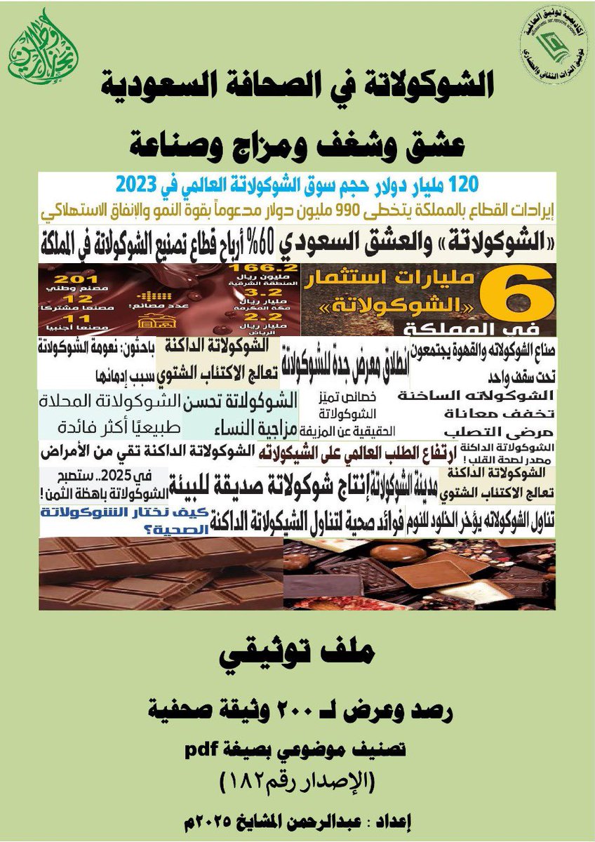 mashaeekh's tweet image. #اليوم_العالمي_للشوكولاته #الشوكولاتة #زورونا أول متحف صحفي إلكتروني في توثيق #التراث #الصحفي الوطني والعالمي #معرض #فعاليات #الايام #الوطنية #العالمية جميع الملفات التوثيقية (200 ملف ) متوفرة بصيغة pdf ورقيا وإلكترونيًا مجانا.
