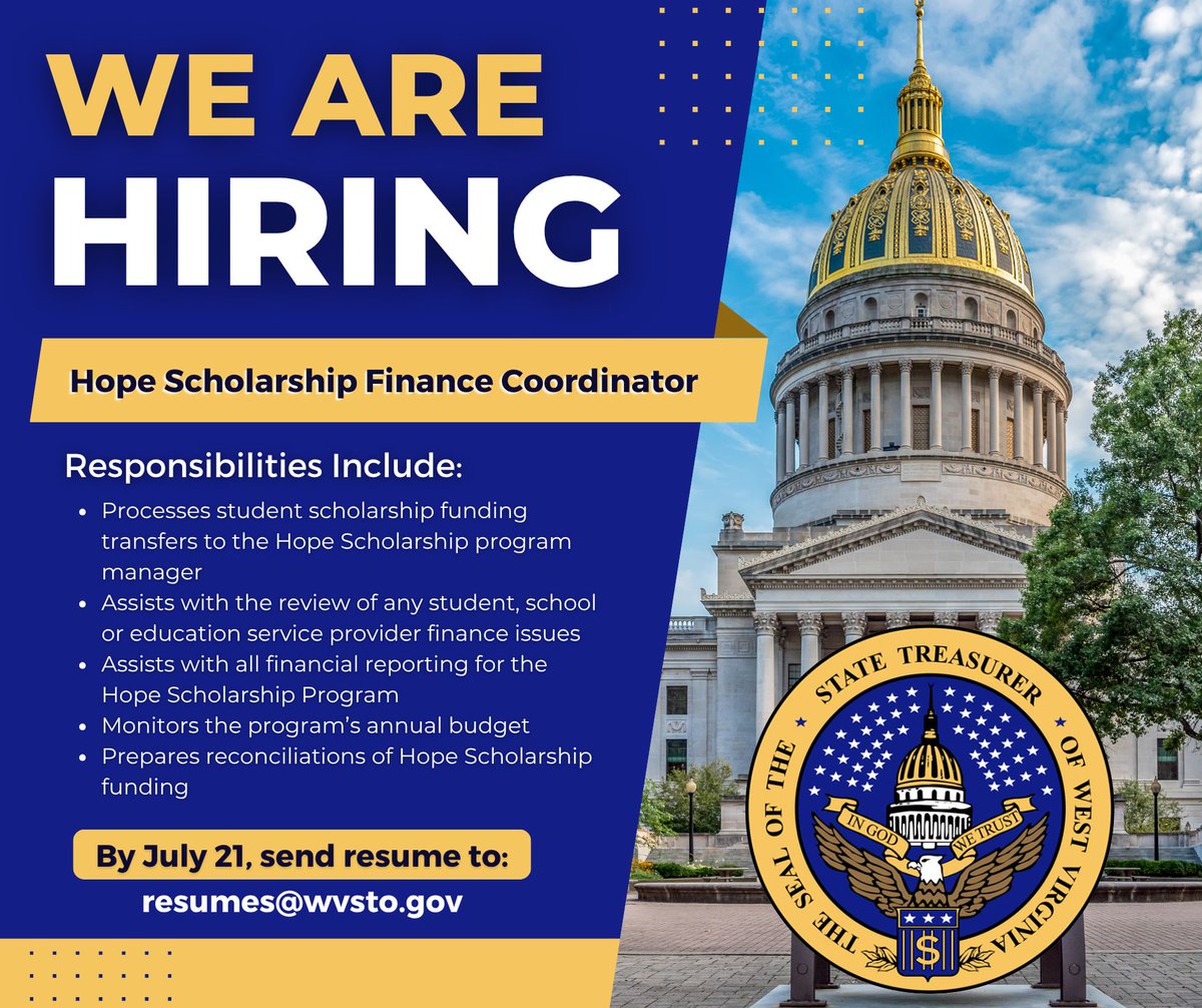 WVTreasury's tweet image. NOW HIRING! The West Virginia State Treasurer's Office is hiring a Hope Scholarship Finance Coordinator.
Applicants must apply by July 21. For more information, visit the Employment Opportunities tab at our website here: buff.ly/qeybx63