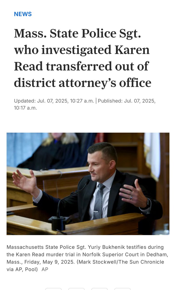OliviaLambo_'s tweet image. CONFIRMED: Sergeant Yuri Bukhenik booted from the Norfolk County DA’s Office Sunday to the Division of Field Services at the South Boston barracks.
This follows Detective Lieutenant Brian Tully’s transfer out last November.
State Police did not immediately explain the decision…