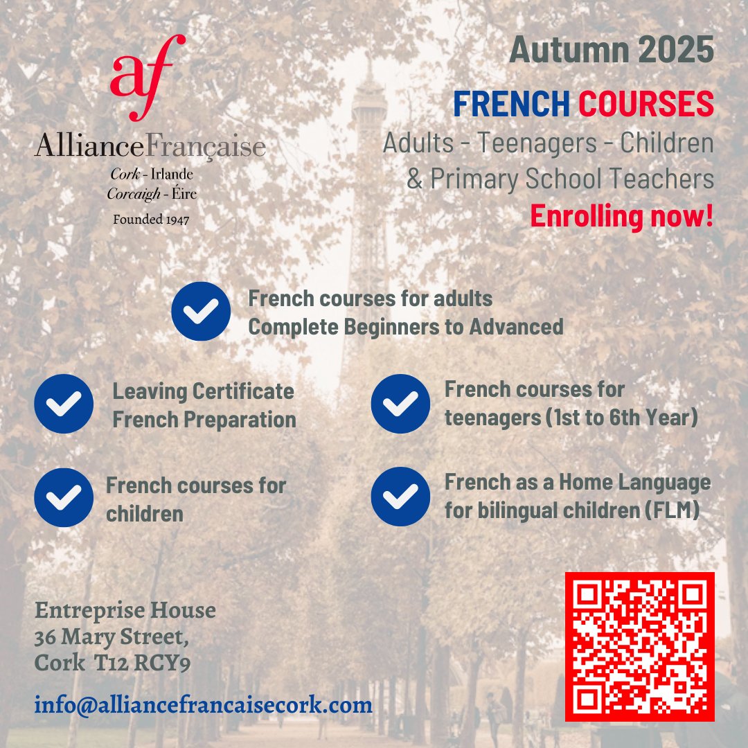 Learn or practise your #French with Alliance Française de Cork!
Enrolling now for our Autumn 2025 Term

alliancefrancaisecork.com/-Our-French-Co…