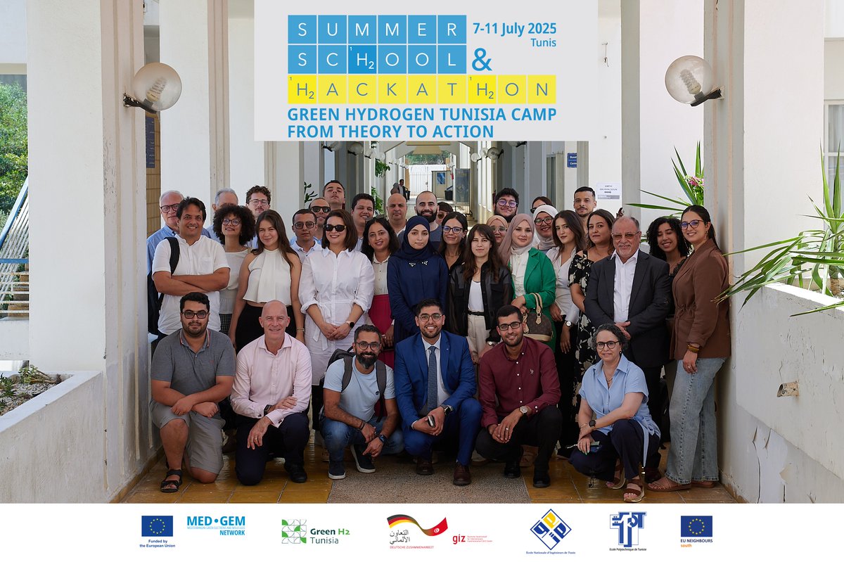 medgem_network's tweet image. 🎓Day 1 of the #GreenHydrogenCamp Tunisia – From Theory to Action kicked off at École Polytechnique de Tunis 🇹🇳!💡28 young engineers (20–30 y/o) from 8 countries🇹🇳🇲🇦🇩🇿🇵🇸🇪🇬🇩🇪🇦🇹🇯🇴 gathered for a week of innovation, learning &amp;amp; collaboration on the future of 
#ActClean #LearnGreen