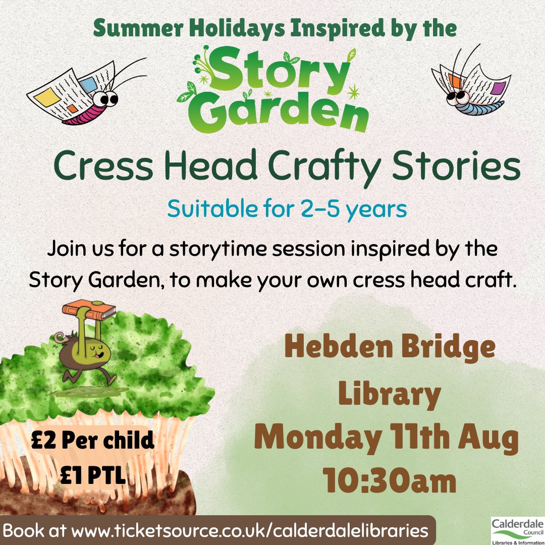 CMBClibraries's tweet image. Monday's at Hebden Bridge Library are shaping up to be a the perfect days to pop in for some stories and crafting.
Our Crafty Stories are aimed at 2-5 years old and will be exploring nature through some lovely simple crafts
Spaces can be booked via tivketsource.co.uk/calderdalelibr….
