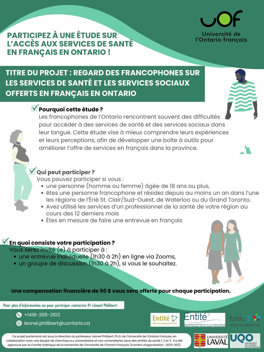 📢 Francophones de l’Ontario : avez-vous utilisé des services de santé en français dans les 12 derniers mois ?
Partagez votre expérience dans une étude menée par l’UOF 
Améliorons ensemble l'accès aux soins en français.
#santépubliquefrancophonie #Ontario #rechercheparticipative