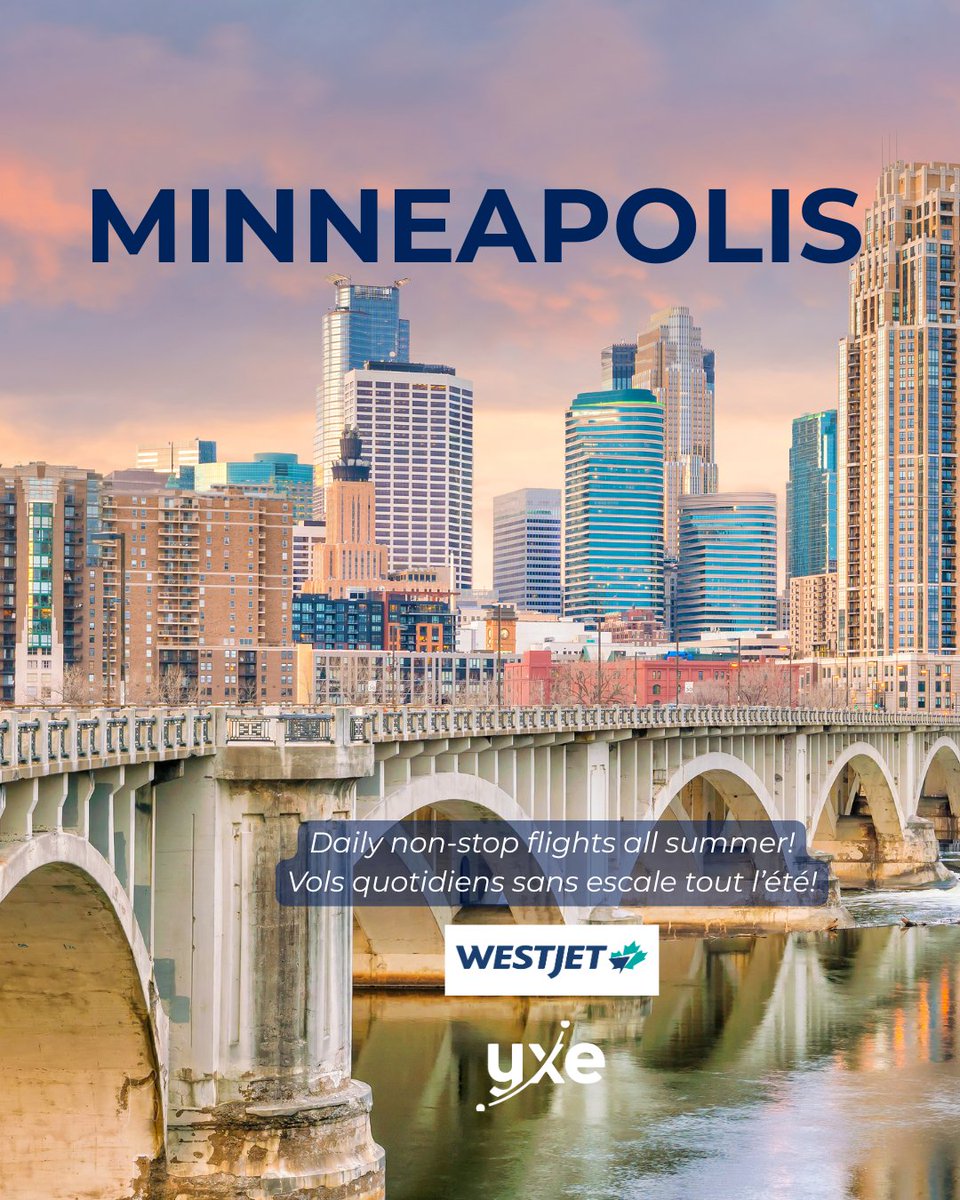 Enjoy non-stop daily flights from YXE to MSP all summer long with WestJet.
Profitez de vols sans escale tous les jours de YXE à MSP pendant tout l’été avec WestJet.
Book your getaway/ Réservez votre escapade: westjet.com