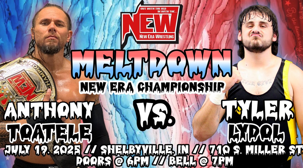🎆🎇 MATCH ANNOUNCEMENT🎇🎆

At #NEWMeltdown, Anthony Toatele's first defense as New Era Champion is against someone who has had a recent mean streak as a solo star, Tyler Lydol! Will Lydol continue his winning ways to end Toatele's reign short and win New Era's top prize!?