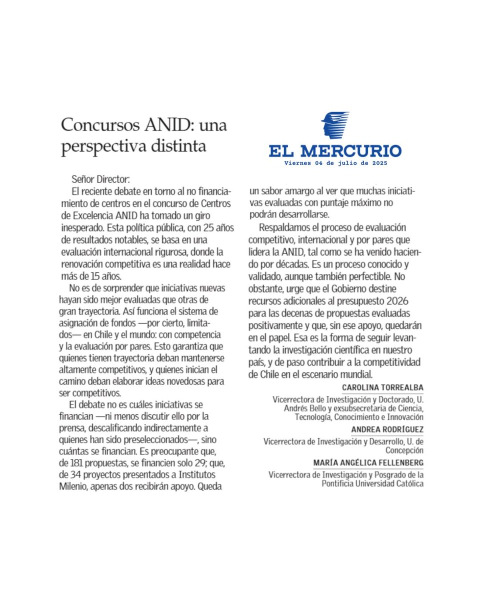 #Medios El Mercurio, viernes 04 de julio de 2025

Carta al director
"Urge que el gobierno destine recursos adicionales al presupuesto 2026 para las decenas de propuestas evaluadas positivamente y que, sin ese apoyo, quedarán el papel".