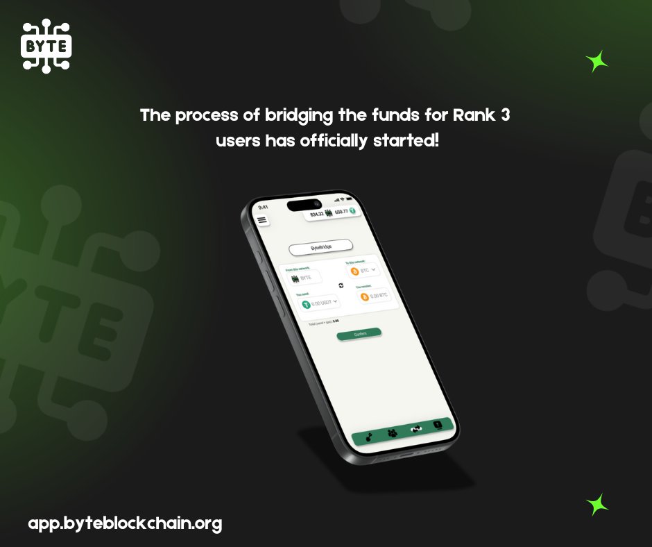 ByteBlockchainX's tweet image. The bridging process for Rank 3 users has officially begun and is progressing smoothly.

Over the past 72 hours, Rank 3 users have been able to bridge their tokens from the Byte Blockchain to Bitcoin and Ethereum, in any supported token on those networks.

If you're not Rank 3…
