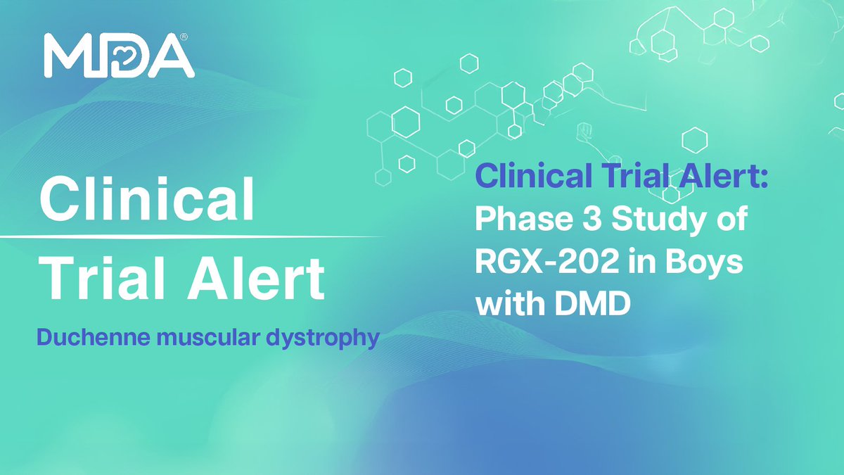 MDAorg's tweet image. Families affected by #Duchenne #MuscularDystrophy (DMD) may be eligible for @REGENXBIO’s Phase 3 trial of RGX-202, an investigational gene therapy delivering a functional dystrophin gene.
Read the full study alert: mdaquest.org/clinical-resea…
#GeneTherapy #ClinicalTrials #MDA75