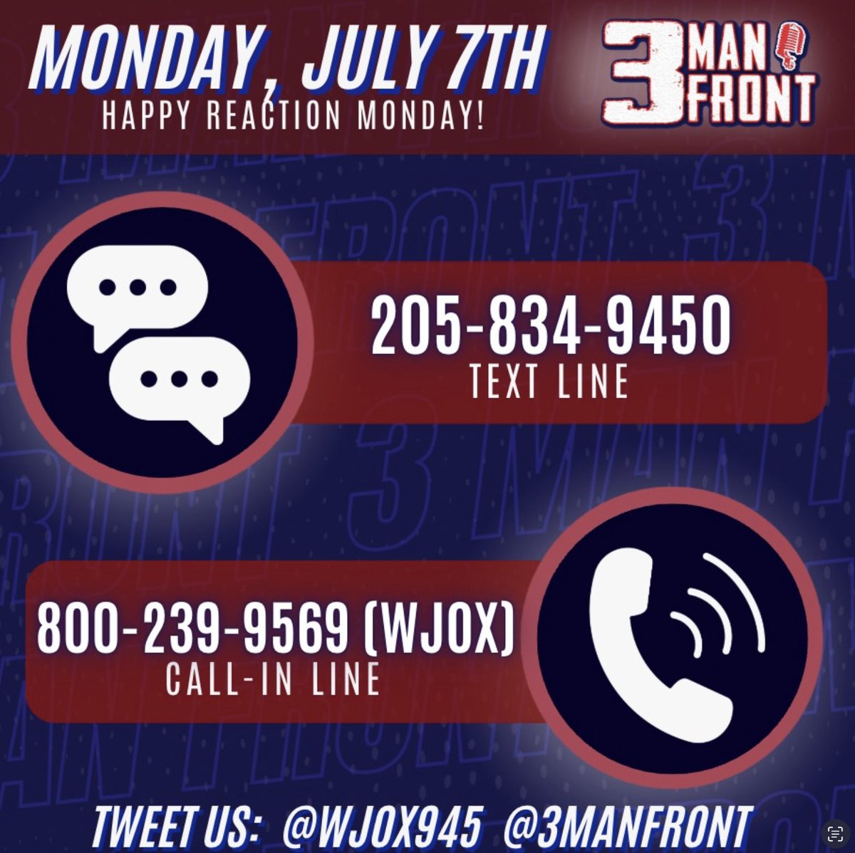 Pat Smith (@patsmithradio) on Twitter photo Back in studio LIVE for <a href="/3ManFront/">3 Man Front</a> beginning at 10am... join us. Back in studio LIVE for <a href="/3ManFront/">3 Man Front</a> beginning at 10am... join us.