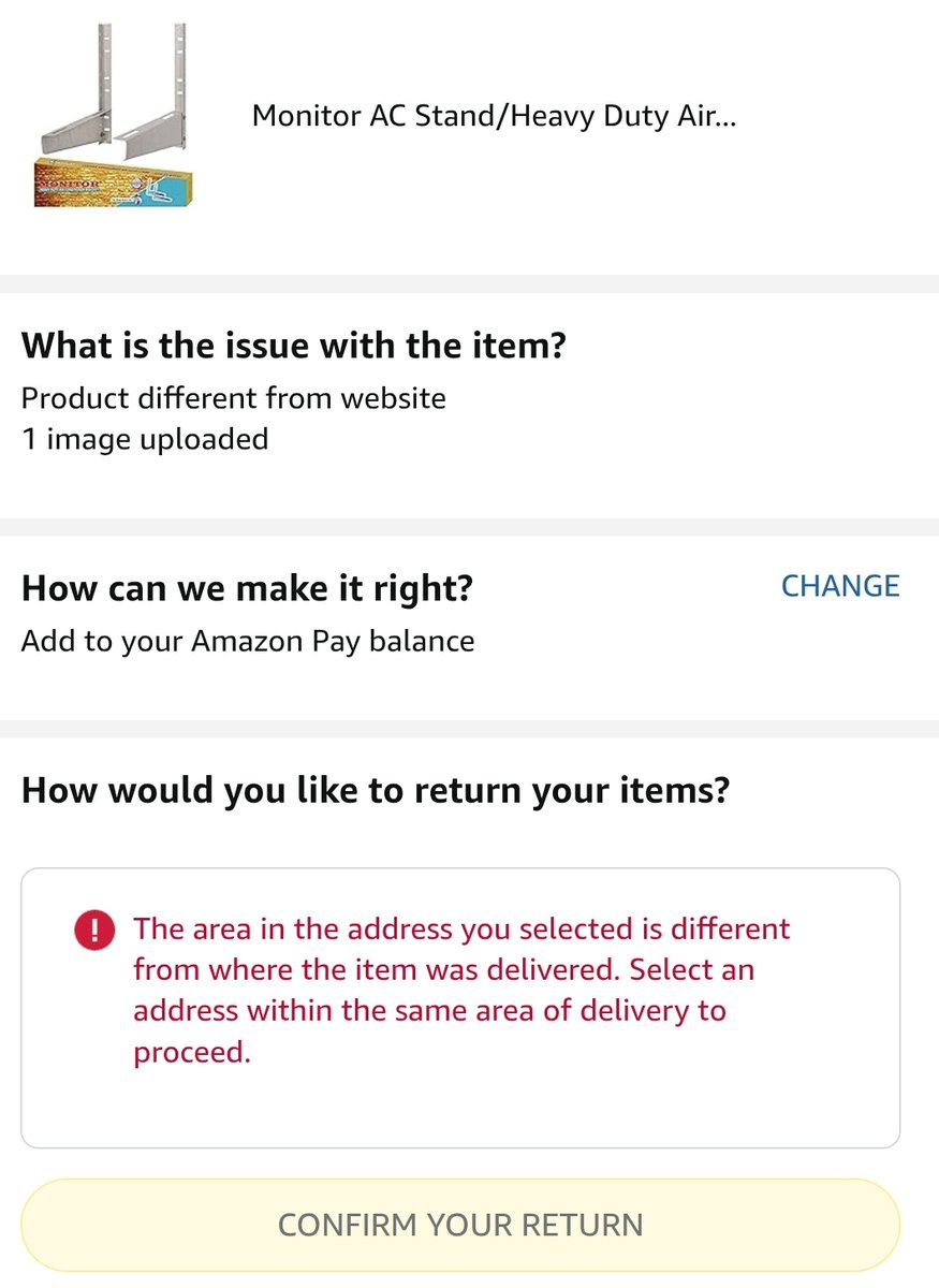 AbhayBanthia's tweet photo. @amazonIN @amazon @AmazonHelp 
I wanted to return 2 stands out of 3 but the issue is they say it is completely returnable but they don't allow you to complete it. Also the customer service doesn't know how to help.
When they sell things are diff. but when you want to return 🙏. https://t.co/0c32drFQtF